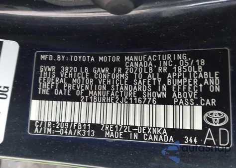 2018 Toyota Corolla Le z USA, uszkodzony, nr VIN 2T1BURHE2JC116776